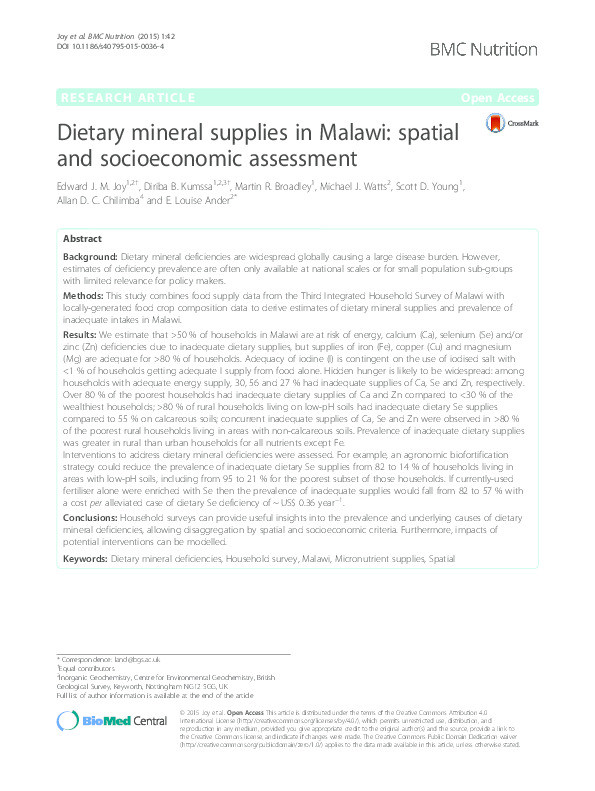 Dietary mineral supplies in Malawi: spatial and socioeconomic assessment Thumbnail