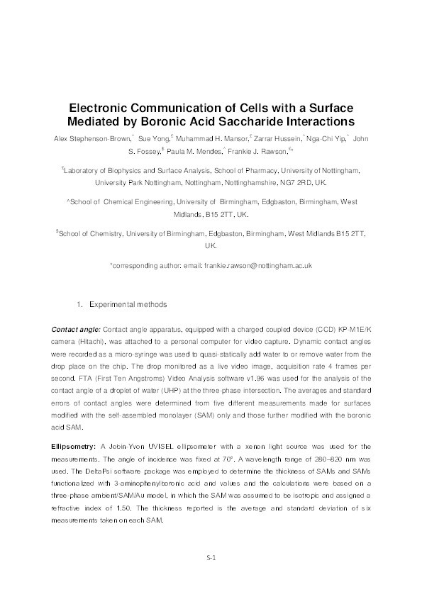 Electronic communication of cells with a surface mediated by boronic acid saccharide interactions Thumbnail