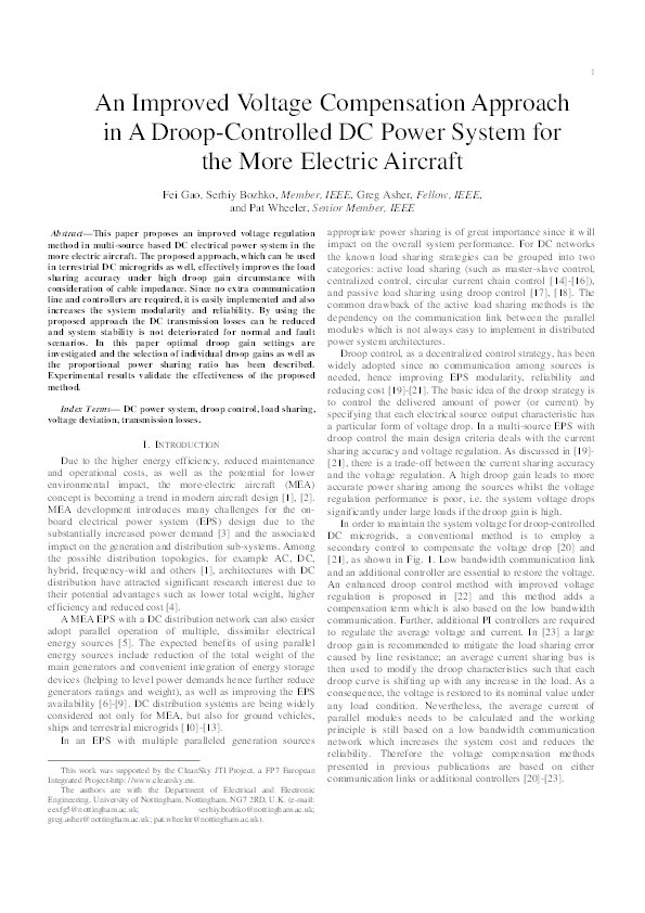An improved voltage compensation approach in a droop-controlled DC power system for the more electric aircraft Thumbnail