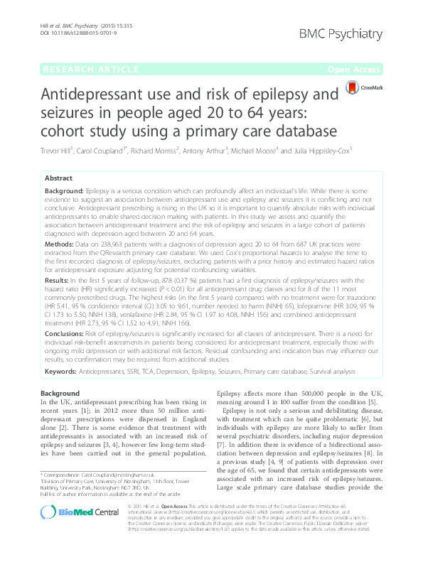 Antidepressant use and risk of epilepsy and seizures in people aged 20 to 64 years: cohort study using a primary care database Thumbnail