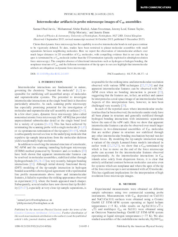 Intermolecular artifacts in probe microscope images of C60 assemblies Thumbnail