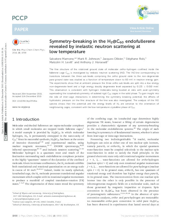 Symmetry-breaking in the H2@C60 endofullerene revealed by inelastic neutron scattering at low temperature Thumbnail