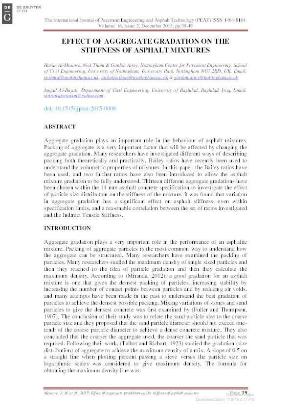 Effect of aggregate gradation on the stiffness of asphalt mixtures Thumbnail