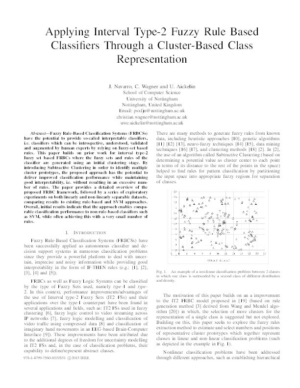 Applying interval type-2 fuzzy rule based classifiers through a cluster-based class representation Thumbnail