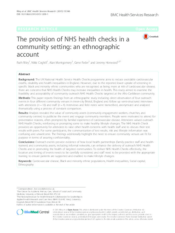 The provision of NHS health checks in a community setting: an ethnographic account Thumbnail