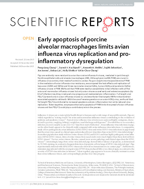 Early apoptosis of porcine alveolar macrophages limits avian influenza virus replication and proinflammatory dysregulation Thumbnail