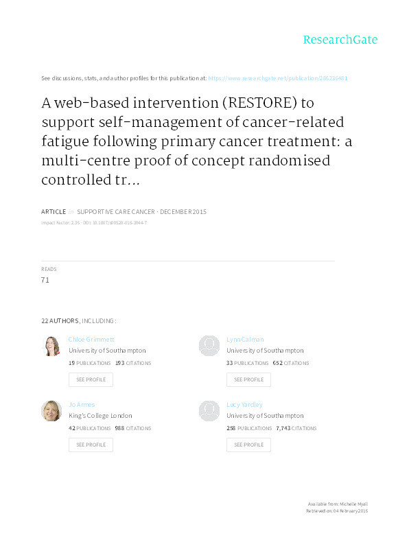 A web-based intervention (RESTORE) to support self-management of cancer-related fatigue following primary cancer treatment: a multi-centre proof of concept randomised controlled trial Thumbnail