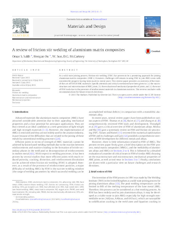 A review of friction stir welding of aluminium matrix composites Thumbnail