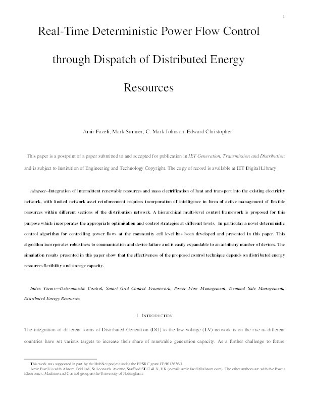 Real-time deterministic power flow control through dispatch of distributed energy resources Thumbnail