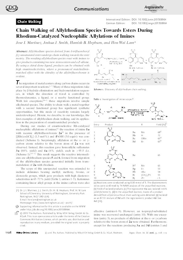 Chain walking of allylrhodium species towards esters during rhodium-catalyzed nucleophilic allylations of imines Thumbnail