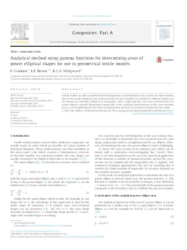 Analytical method using gamma functions for determining areas of power elliptical shapes for use in geometrical textile models Thumbnail