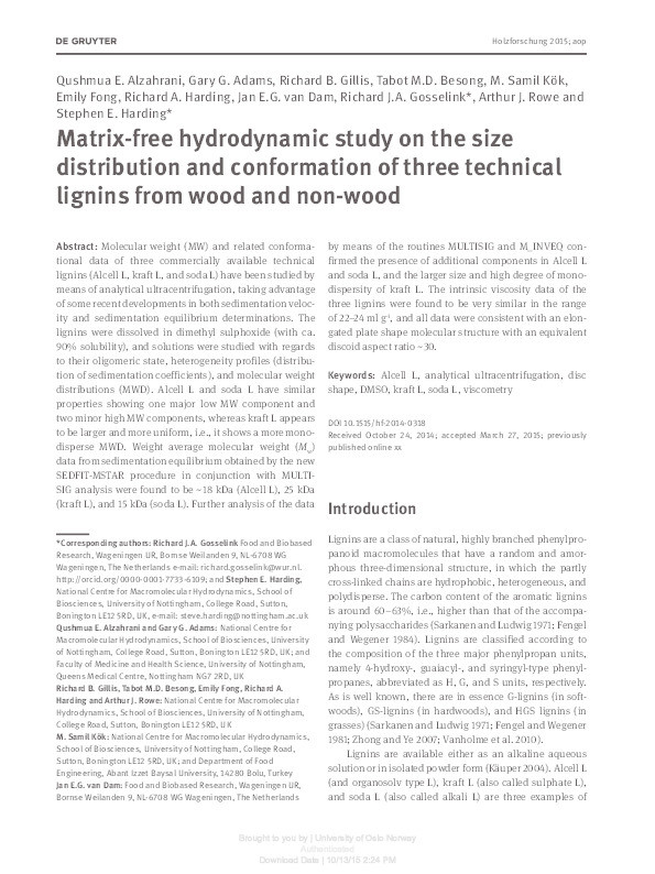 Matrix-free hydrodynamic study on the size distribution and conformation of three technical lignins from wood and non-wood Thumbnail