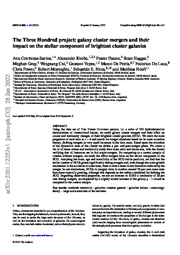 The three hundred project: Galaxy cluster mergers and their impact on the stellar component of brightest cluster galaxies Thumbnail