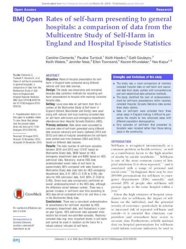 Rates of self-harm presenting to general hospitals: a comparison of data from the Multicentre Study of Self-Harm in England and Hospital Episode Statistics Thumbnail