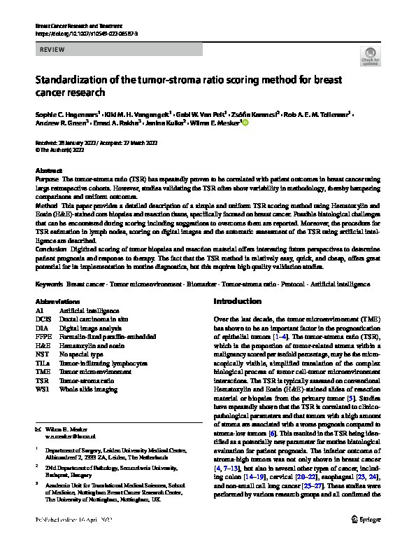 Standardization of the tumor-stroma ratio scoring method for breast cancer research Thumbnail