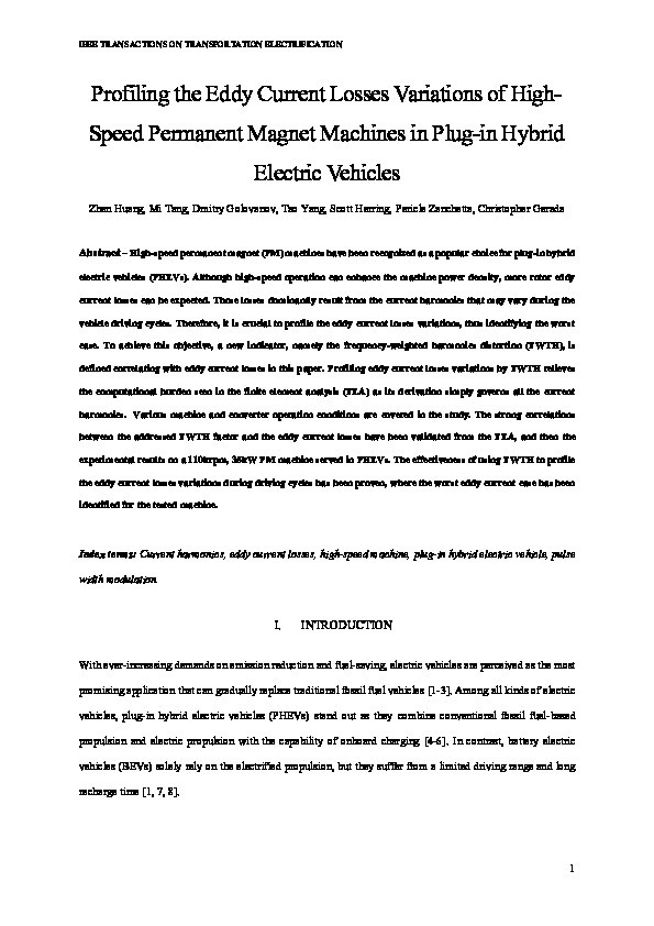 Profiling the Eddy Current Losses Variations of High-Speed Permanent Magnet Machines in Plug-in Hybrid Electric Vehicles Thumbnail
