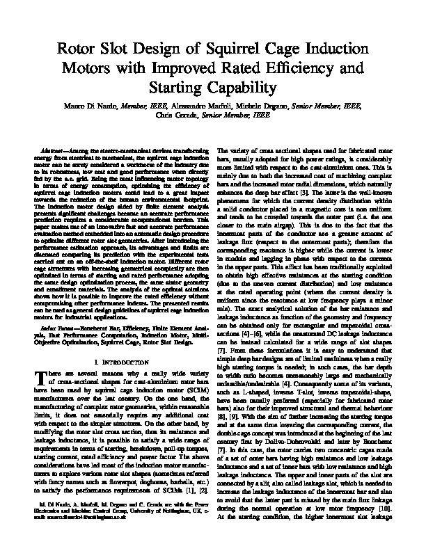 Rotor Slot Design of Squirrel Cage Induction Motors with Improved Rated Efficiency and Starting Capability Thumbnail