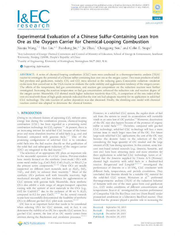Experimental evaluation of a Chinese sulfur-containing lean iron ore as the oxygen carrier for chemical-looping combustion Thumbnail