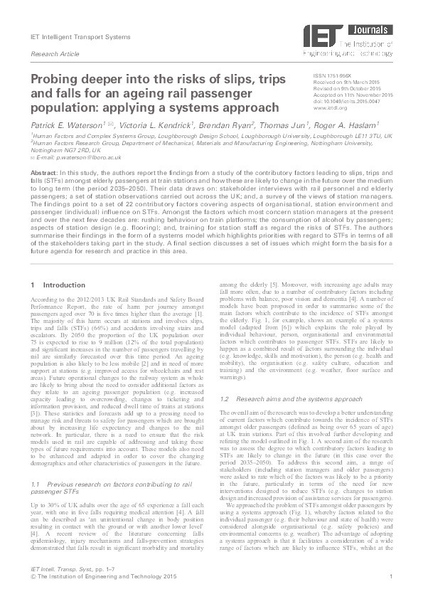 Probing deeper into the risks of slips, trips and falls for an ageing rail passenger population: applying a systems approach Thumbnail