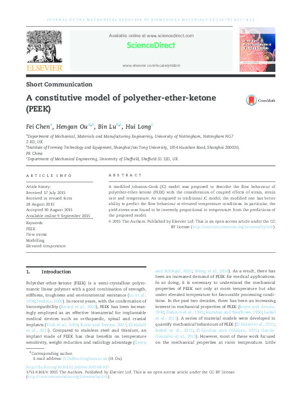 A constitutive model of polyether-ether-ketone (PEEK) Thumbnail