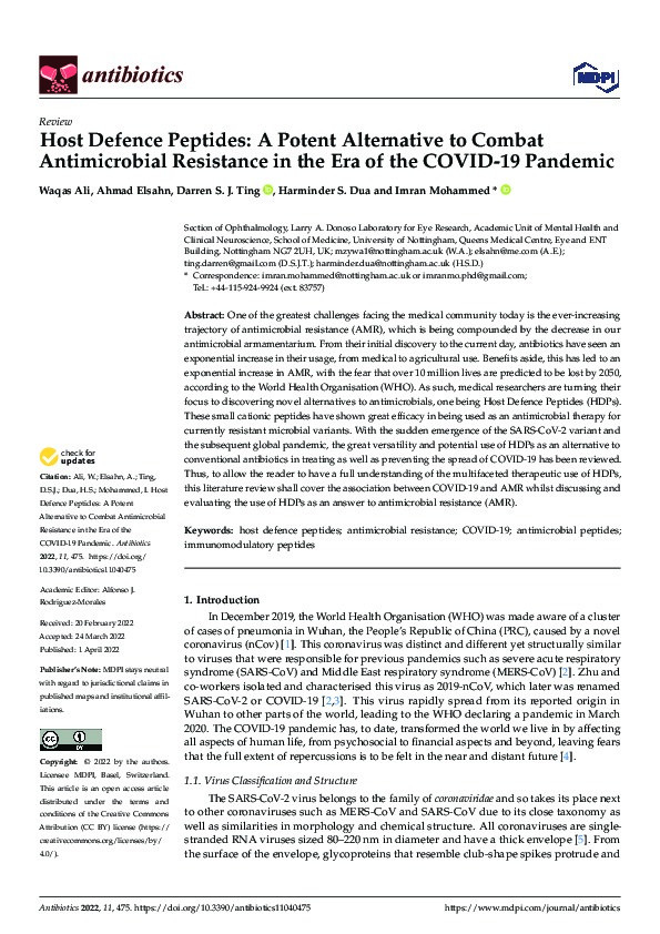 Host Defence Peptides: A Potent Alternative to Combat Antimicrobial Resistance in the Era of the COVID-19 Pandemic Thumbnail