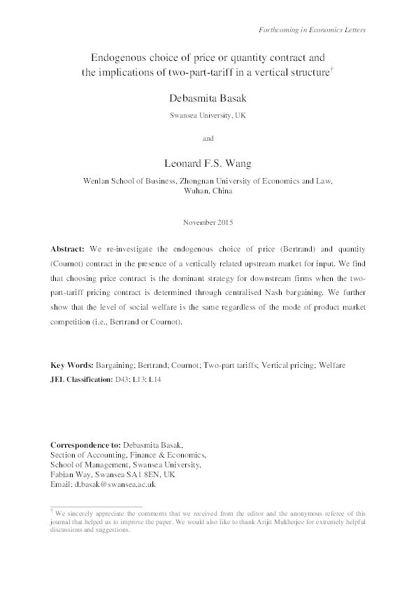 Endogenous choice of price or quantity contract and the implications of two-part-tariff in a vertical structure Thumbnail