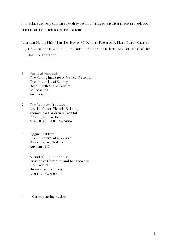 Immediate delivery compared with expectant management after preterm pre-labour rupture of the membranes close to term (PPROMT trial): a randomised controlled trial Thumbnail