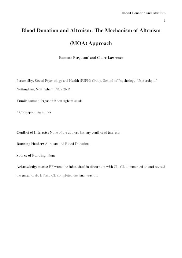 Blood donation and altruism: the mechanism of altruism (MOA) approach Thumbnail