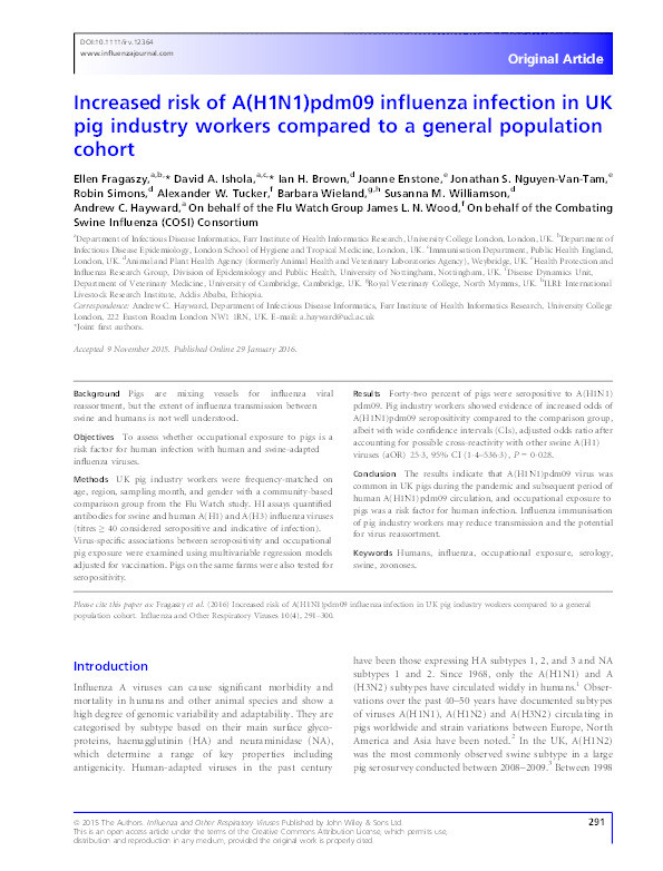 Increased risk of A(H1N1)pdm09 influenza infection in UK pig industry workers compared to a general population cohort Thumbnail