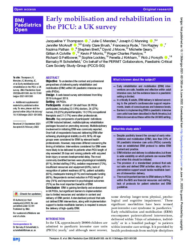Early mobilisation and rehabilitation in the PICU: a UK survey Thumbnail