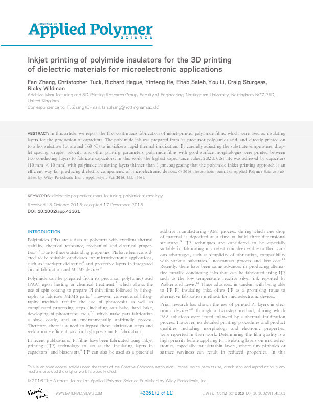 Inkjet printing of polyimide insulators for the 3D printing of dielectric materials for microelectronic applications Thumbnail