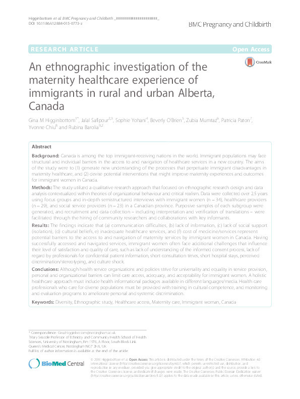An ethnographic investigation of maternity healthcare experience of immigrants in rural and urban Alberta, Canada Thumbnail
