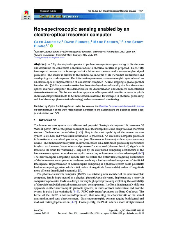 Non-spectroscopic sensing enabled by an electro-optical reservoir computer Thumbnail