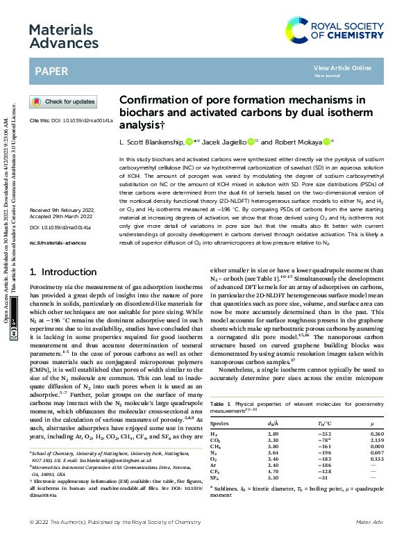 Confirmation of pore formation mechanisms in biochars and activated carbons by dual isotherm analysis Thumbnail