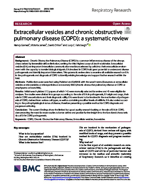 Extracellular vesicles and chronic obstructive pulmonary disease (COPD): a systematic review Thumbnail