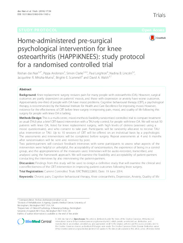 Home-administered pre-surgical psychological intervention for knee osteoarthritis (HAPPiKNEES): study protocol for a randomised controlled trial Thumbnail