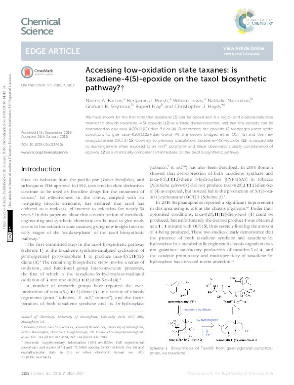 Accessing low-oxidation state taxanes: is taxadiene-4(5)-epoxide on the taxol biosynthetic pathway? Thumbnail