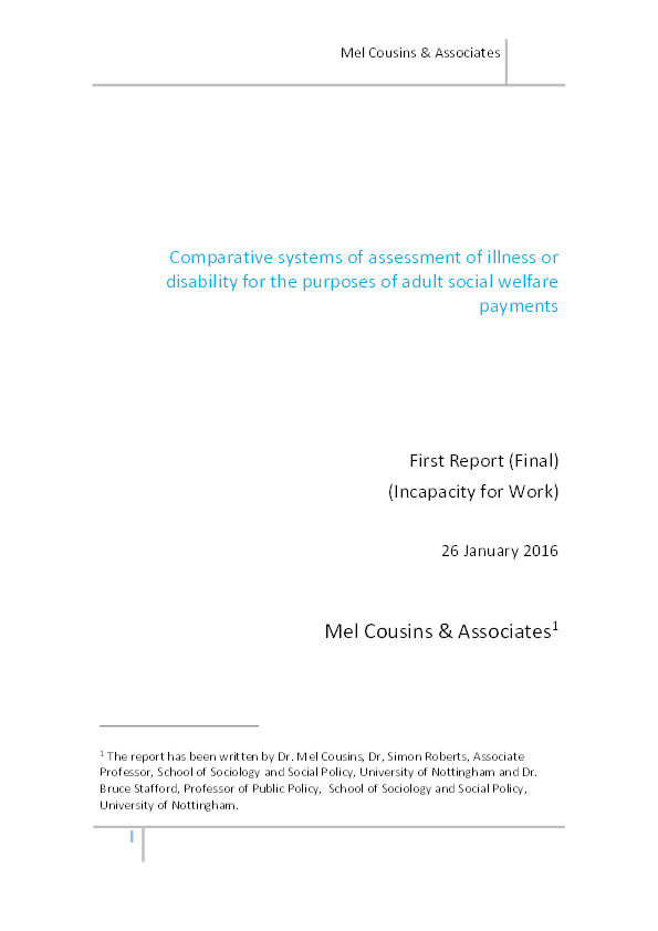 Comparative systems of assessment of illness or disability for the purposes of adult social welfare payments, First Report (Final) (Incapacity for Work) Thumbnail