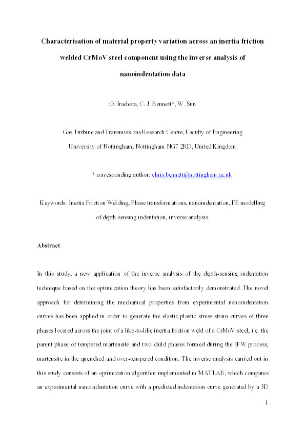 Characterisation of material property variation across an inertia friction welded CrMoV steel component using the inverse analysis of nanoindentation data Thumbnail