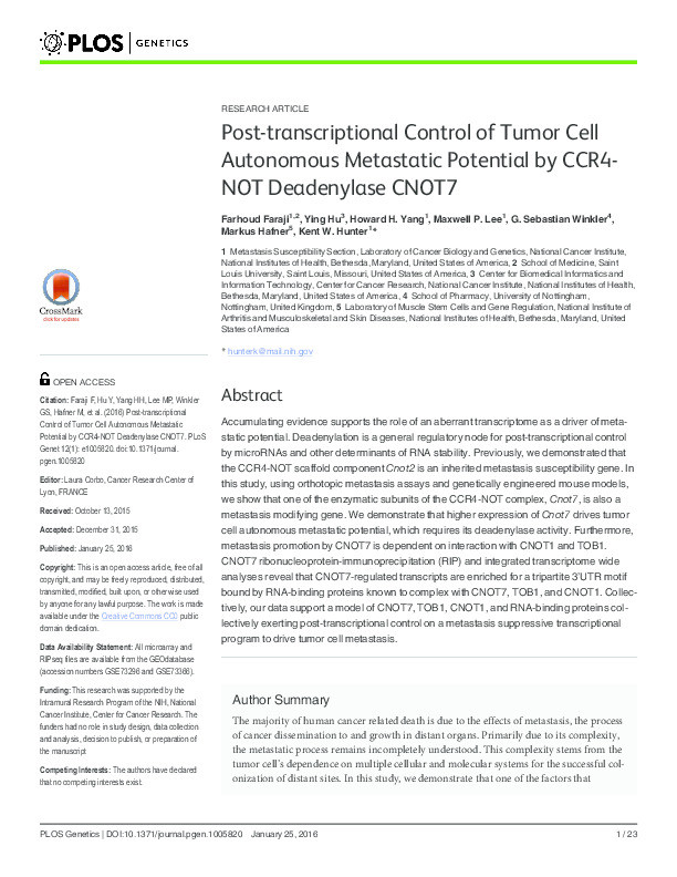 Post-transcriptional control of tumor cell autonomous metastatic potential by the CCR4-NOT deadenylase CNOT7 Thumbnail