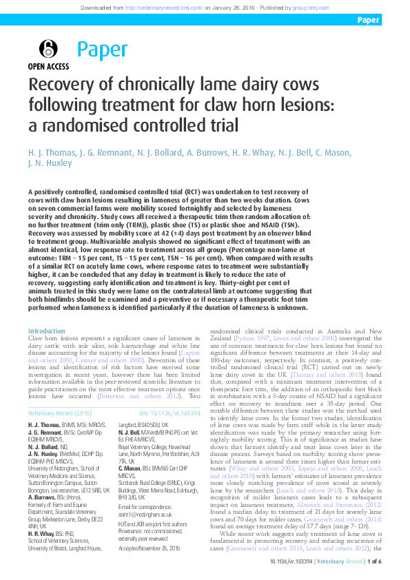 Recovery of chronically lame dairy cows following treatment for claw horn lesions: a randomised controlled trial Thumbnail