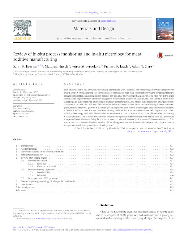 Review of in-situ process monitoring and in-situ metrology for metal additive manufacturing Thumbnail