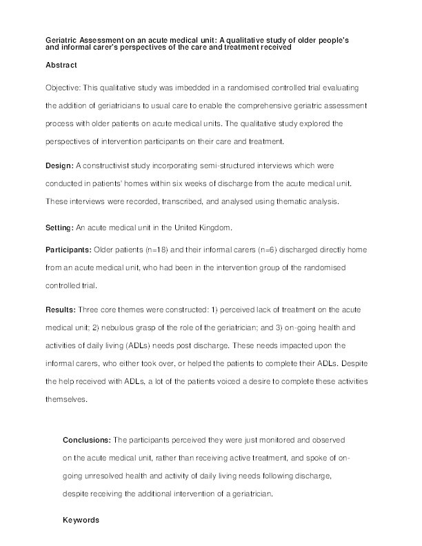 Comprehensive geriatric assessment on an acute medical unit: a qualitative study of older people’s and informal carer’s perspectives of the care and treatment received Thumbnail