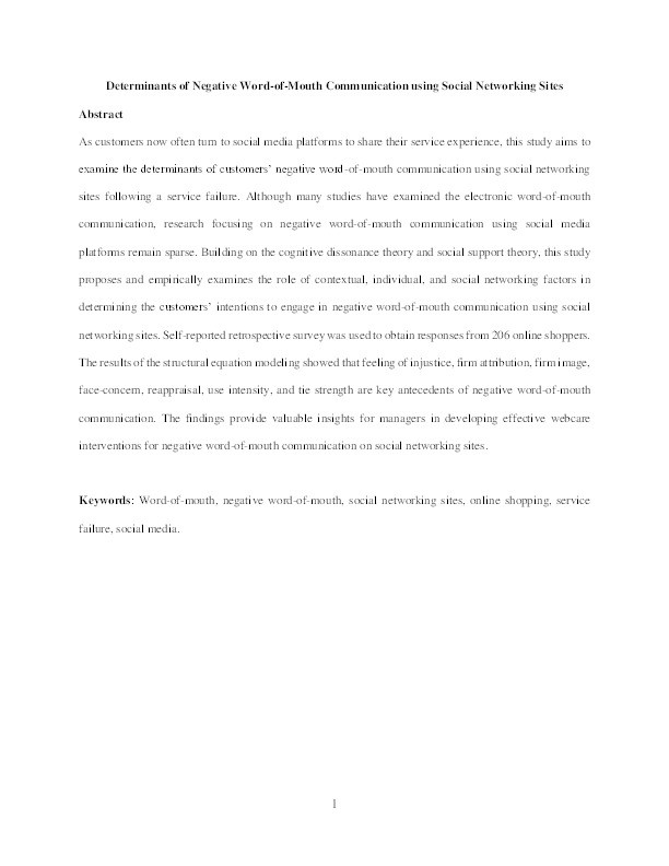 Determinants of negative word-of-mouth communication using social networking sites Thumbnail