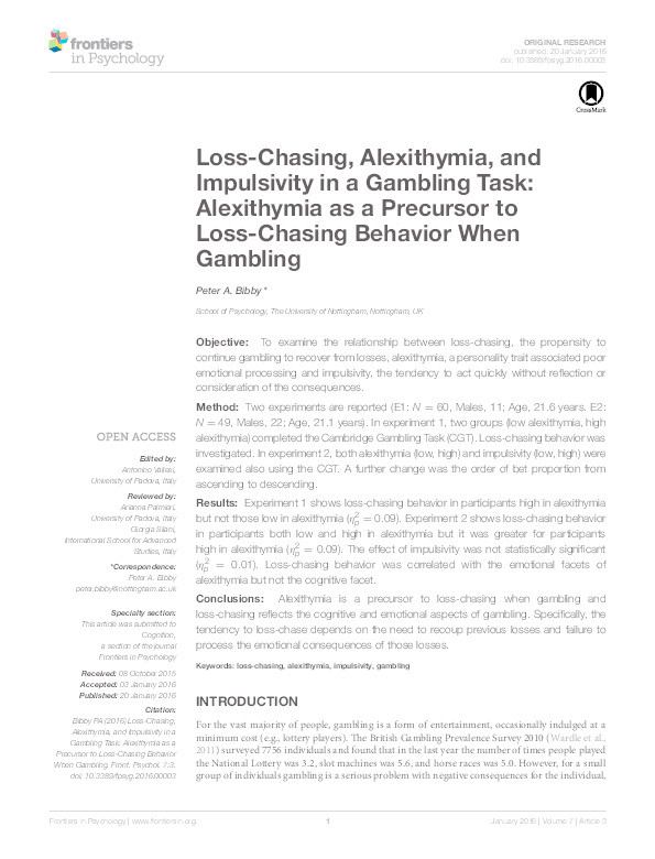 Loss-chasing, alexithymia, and impulsivity in a gambling task: alexithymia as a precursor to loss-chasing behavior when gambling Thumbnail