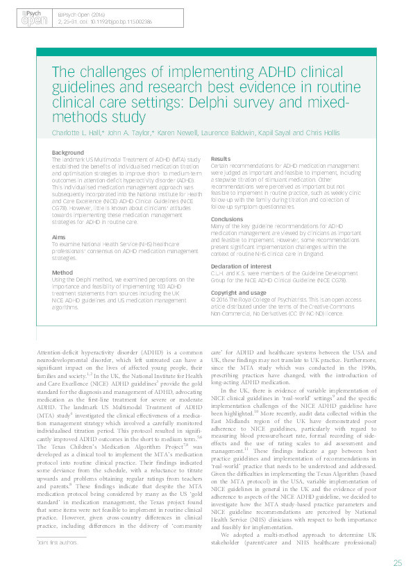 The challenges of implementing ADHD clinical guidelines and research best evidence in routine clinical care settings: a Delphi survey and mixed-methods study Thumbnail