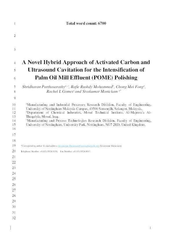 A novel hybrid approach of activated carbon and ultrasound cavitation for the intensification of palm oil mill effluent (POME) polishing Thumbnail