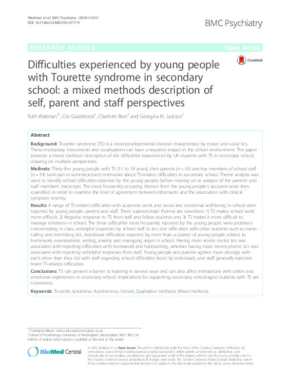 Difficulties experienced by young people with Tourette syndrome in secondary school: a mixed methods description of self, parent and staff perspectives Thumbnail