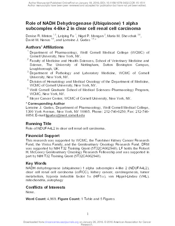 Role of NADH Dehydrogenase (Ubiquinone) 1 Alpha Subcomplex 4-Like 2 in Clear Cell Renal Cell Carcinoma Thumbnail