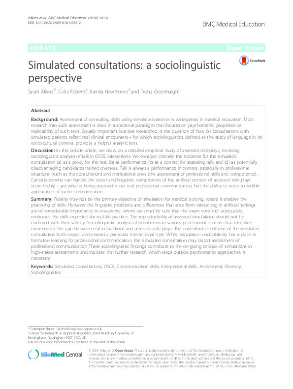 Simulated consultations: a sociolinguistic perspective Thumbnail
